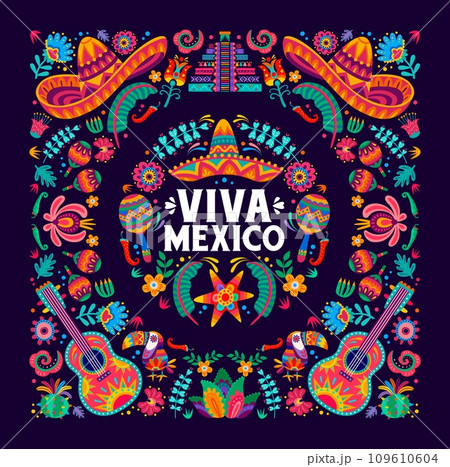 Viva Mexico Mexican independence day banner. Vector alebrije style background capturing vibrant essence of latin culture. Tropical flowers, sombrero and maracas, pinata, toucan birds, guitars, pyramid Viva Mexico Mexican independence day banner. Vector alebrije style background capturing vibrant essence of latin culture. Tropical flowers, sombrero and maracas, pinata, toucan birds, guitars, pyramid 109610604