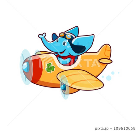 Cartoon cute elephant animal pilot on plane or toy airplane, kids vector funny zoo mascot. Happy smiling elephant aviator or pilot flying on toy airplane for t-shirt print or child animals 109610659