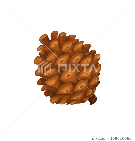 Cartoon pine cone, isolated vector natural seed pod from pine trees, featuring a rustic, cone-shaped design with scales that protect and disperse its seeds. Brown pinecone, coniferous plant 109610660