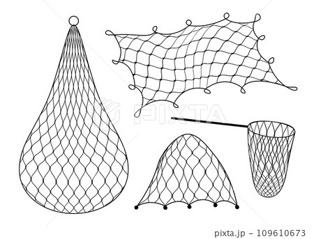 Gillnet or gill and fish trap, bottom net of fishing and fishery industry, vector icons. Fishnet or fisher net trap for angling or hunting, fisherman hoop net or gill and fish cage catcher 109610673