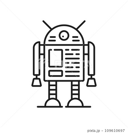 Robot line and outline icon. Isolated vector linear metallic humanoid figure with one eye, sharp angles, and futuristic elements, representing technology, automation, and artificial intelligence 109610697