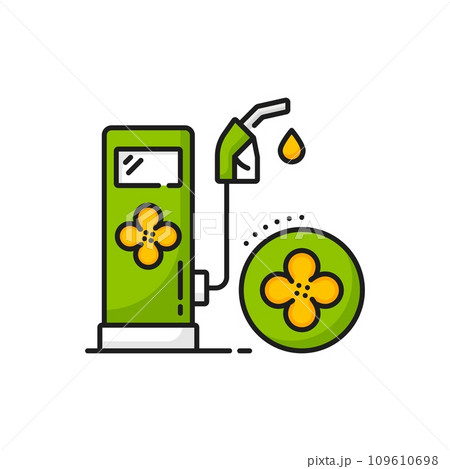 Rapeseed, canola oil fueling station icon. Isolated vector linear graphic representation featuring fuel pump or nozzle gun, symbolizing renewable and eco-friendly biodiesel production and usage 109610698