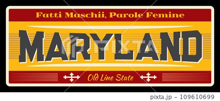 USA Maryland vintage vector sign, travel plate. American state travel and tourism destination, greeting banner and postcard design. Annapolis capital, Baltimore city billboard 109610699