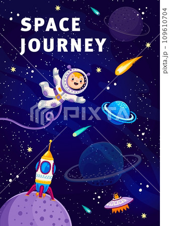 Cartoon kid astronaut spaceman on outer space. Galaxy discovery vector banner or poster with cheerful kid spaceman flying in starry galaxy in spacesuit, rocket on planet surface, comets and stars 109610704