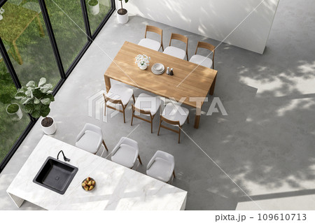 Top view of minimal loft style dining and kitchen with nature view 3d render 109610713