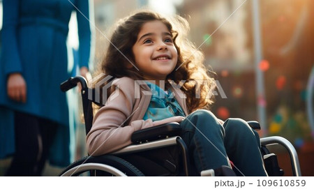 Smiling Young Girl in Wheelchair at School. Generative ai 109610859