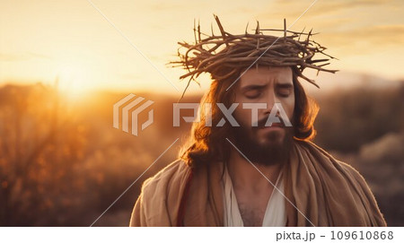 Jesus in Crown of Thorns with Cross at Sunset. Generative ai Jesus in Crown of Thorns with Cross at Sunset. Generative ai 109610868