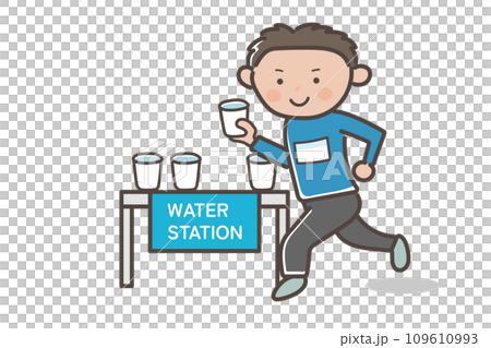馬拉鬆比賽期間一名男子在水站取水的插圖 109610993