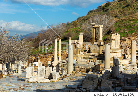 Ancient city Ephesus. Hydreion, ancient architectural structures. Most visited ancient city in Turkey Ancient city Ephesus. Hydreion, ancient architectural structures. Most visited ancient city in Turkey 109611256