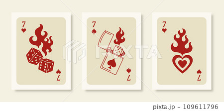 Playing Cards Posters. Retro Wall Art Prints Set with Dice in Flames, Lighter and Heart in a Trendy Modern Style. Playing Cards Posters. Retro Wall Art Prints Set with Dice in Flames, Lighter and Heart in a Trendy Modern Style. 109611796