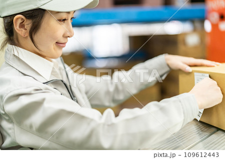 出荷前に外装箱にラベルを貼る女性作業員 出荷前に外装箱にラベルを貼る女性作業員 109612443