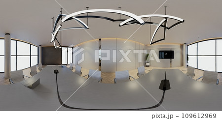 3D illustration of a 360 degrees rendering. It showcases modern conference interiors with screens on the walls, representing the concept of a workplace and enterprise. 109612969