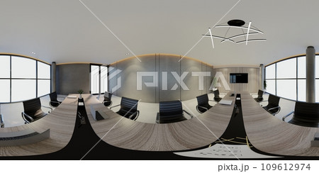 3D illustration of a 360 degrees rendering. It showcases modern conference interiors with screens on the walls, representing the concept of a workplace and enterprise. 3D illustration of a 360 degrees rendering. It showcases modern conference interiors with screens on the walls, representing the concept of a workplace and enterprise. 109612974