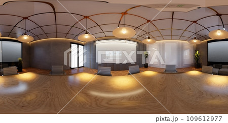 3D illustration of a 360 degrees rendering. It showcases modern conference interiors with screens on the walls, representing the concept of a workplace and enterprise. 3D illustration of a 360 degrees rendering. It showcases modern conference interiors with screens on the walls, representing the concept of a workplace and enterprise. 109612977