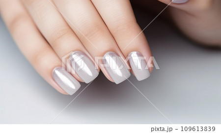 Glamour woman hand with gray nail polish on her fingernails. Gray color nail manicure with gel polish at luxury beauty salon. Nail art and design. Female hand model. French manicure. Generative AI. 109613839