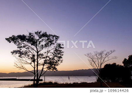 琵琶湖南湖の静かな夕暮れ　滋賀県草津市 109614426
