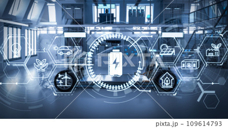 Electric car research and development with ev car with pack of battery cells module on platform in laboratory 109614793