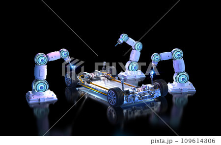 Automation automobile factory concept with robot assembly line with electric car battery cells module on platform 109614806