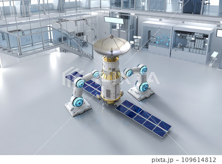 Telecommunication technology with robotic arm manufacturing satellite dish Telecommunication technology with robotic arm manufacturing satellite dish 109614812