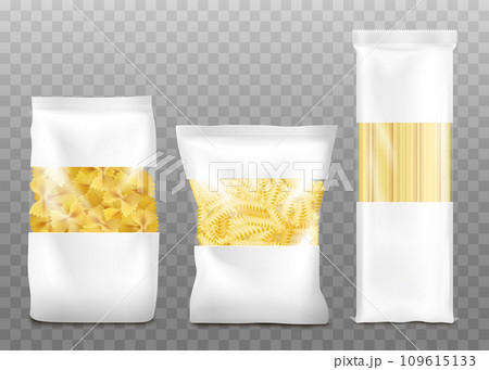 Mockup of three kinds of pasta bags realistic vector illustration isolated. Mockup of three kinds of pasta bags realistic vector illustration isolated. 109615133