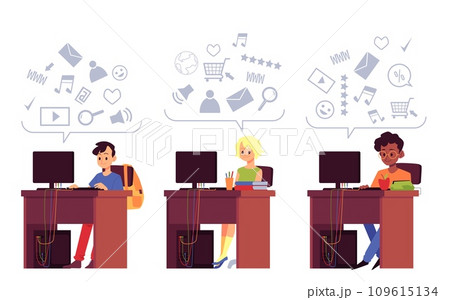 Concept of online learning for children and teens of different races, kids study with computer. 109615134