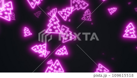Christmas festive bright New Year background from purple neon fir trees glowing winter beautiful falling flying patterns on a black background 109615518