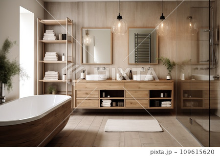 Scandinavian-inspired bathroom, warm simplicity and natural elements, neutral color scheme with warm wood tones Scandinavian-inspired bathroom, warm simplicity and natural elements, neutral color scheme with warm wood tones 109615620