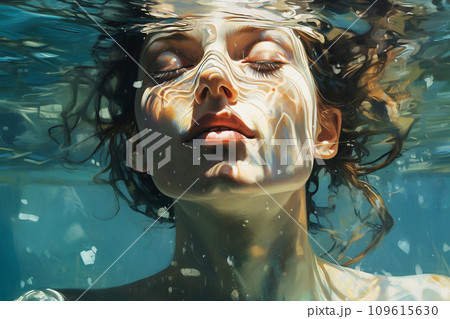 Woman in a pool of water, where reflections represent their innermost thoughts and emotions 109615630