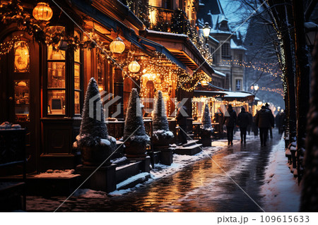 Winter cityscape snow covered streets of Paris lined with historical buildings adorned with festive lights and decorations Winter cityscape snow covered streets of Paris lined with historical buildings adorned with festive lights and decorations 109615633