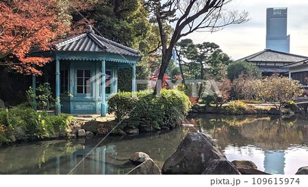 大阪四天王寺の極楽浄土の庭の洋館の八角亭とハルカス 109615974