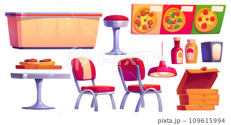 Pizzeria interior furniture and equipment. 109615994