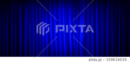 Closed blue theater stage curtain with spotlight. Closed blue theater stage curtain with spotlight. 109616030