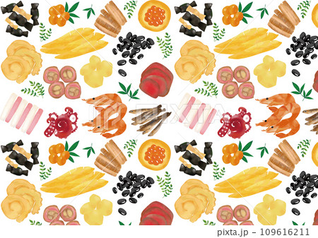 水彩風　お正月　おせち料理パターン 109616211