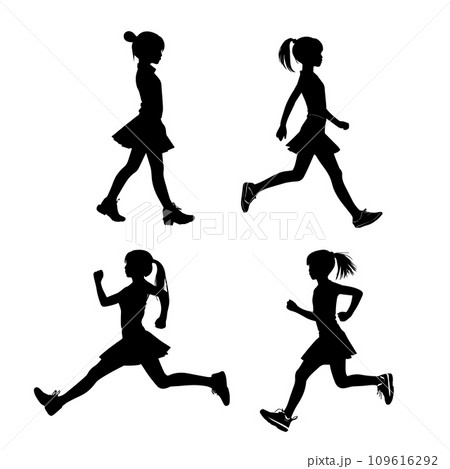 女性シルエットイラスト 歩く 走る 109616292