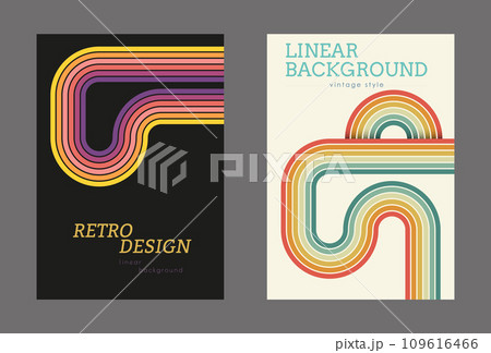 Vintage geometric background with colored parallel lines in the style of the 70s. Design for printing posters, posters, banners and covers in retro style 109616466