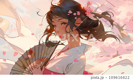 春と女性のイラスト、桜の花と着物の日本人女性、AI生成画像 109616822