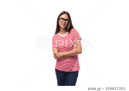 portrait of a young well-groomed european woman with straight black hair in glasses on a white portrait of a young well-groomed european woman with straight black hair in glasses on a white 109617261