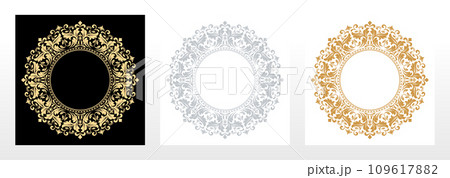 Set of decorative frames Elegant vector element for design in Eastern style, place for text. Floral black, gold, and gray borders. Lace illustration for invitations and greeting cards 109617882