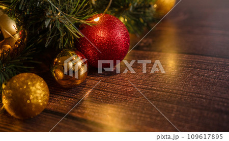Christmas Decoration Over Wooden Background. Decorations over Wood, Copy-space Christmas Decoration Over Wooden Background. Decorations over Wood, Copy-space 109617895