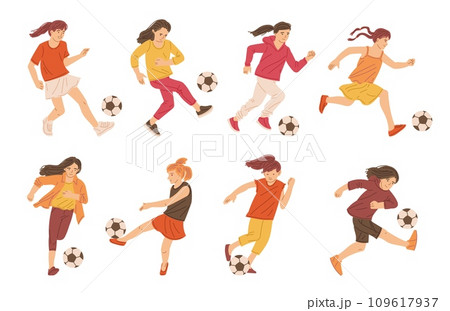 Girls playing soccer vector set, run to score a goal, cartoon teenagers playing football, kick the ball, sport activity 109617937