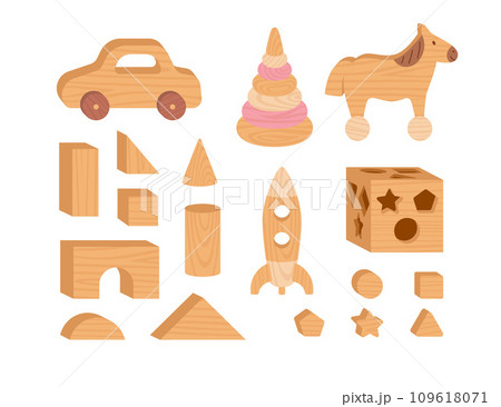 Cartoon wooden toys vector set, car and rocket, pyramid and horse, bricks, children logical game cubic construction Cartoon wooden toys vector set, car and rocket, pyramid and horse, bricks, children logical game cubic construction 109618071