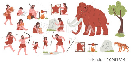 Tribal primitive cave people life, vector hand drawn Stone age illustrations set, ancient evolution and civilization 109618144