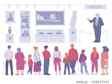 Museum visitors standing in art gallery, listening to the male tour guide, vector illustration of excursion and culture 109618153