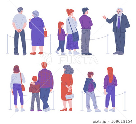 Museum visitors standing in art gallery, listening to the male tour guide, vector illustration of excursion back view 109618154