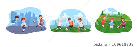 Children play football, happy girls and boys playing soccer on play-field, lawn, on city site vector illustrations set 109618235