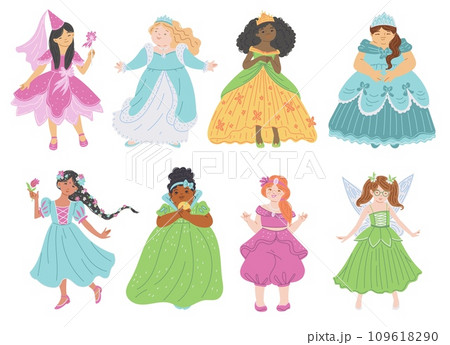 Pretty multi ethnic princesses collection set, fairy tale girls in beautiful dresses vector cartoon fashion illustration 109618290
