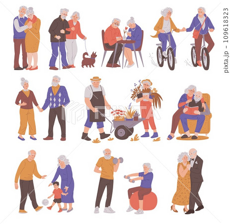 Cartoon set grandparents warm holding hands, go in for sports, play with grandson vector illustration family together Cartoon set grandparents warm holding hands, go in for sports, play with grandson vector illustration family together 109618323