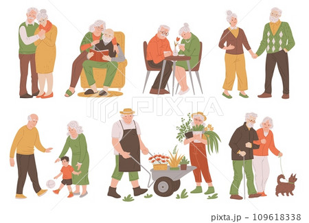 Cartoon set grandmother and grandfather warm holding hands, walking the dog, vector illustration loving family together Cartoon set grandmother and grandfather warm holding hands, walking the dog, vector illustration loving family together 109618338