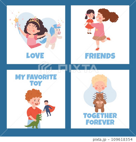 Happy boys and girls holding their toys, kids play with favorite toy, entertainment and affection vector cartoon posters Happy boys and girls holding their toys, kids play with favorite toy, entertainment and affection vector cartoon posters 109618354