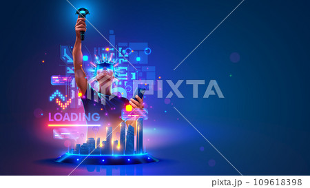 VR metaverse. Virtual reality video game. VR and AR technology concept. Man wearing 3d VR headset glasses looks up in cyberspace of metaverse. Virtual reality or Augmented reality world simulation. 109618398